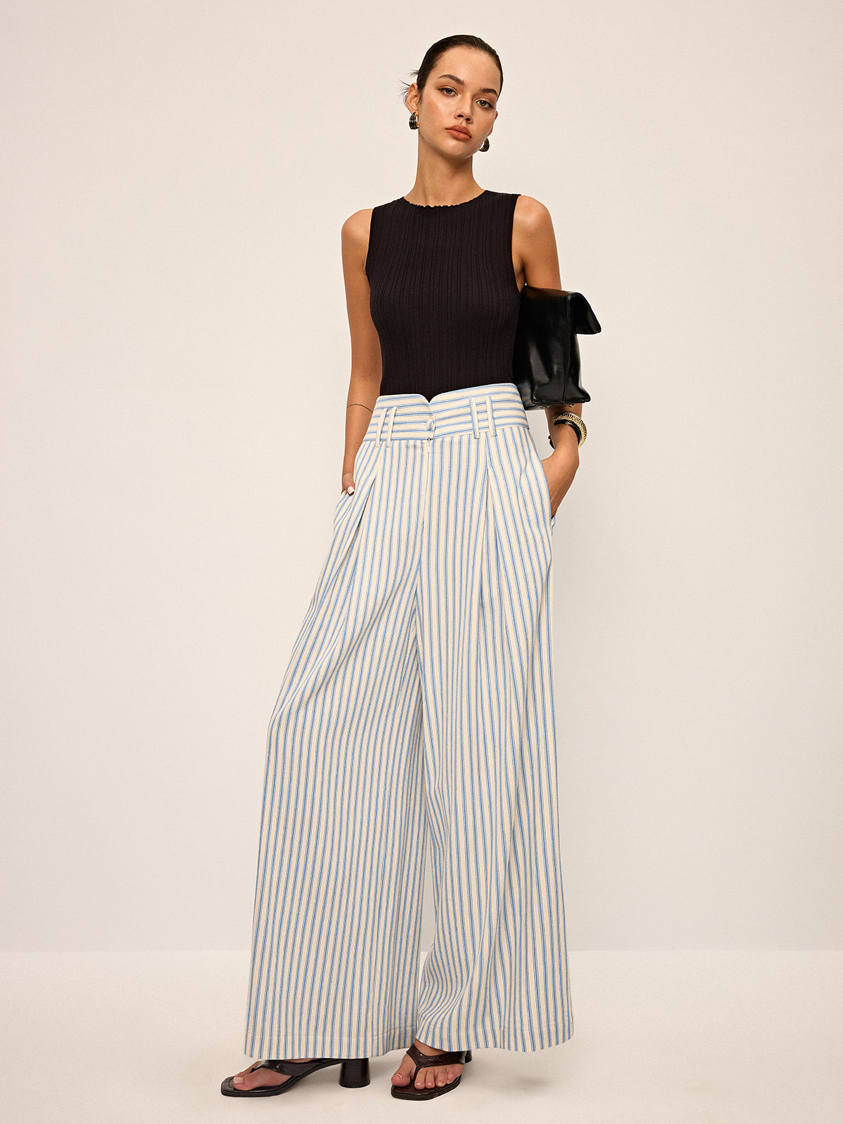 Cotton Striped Pleated Wide-Leg Pants-Chicvia