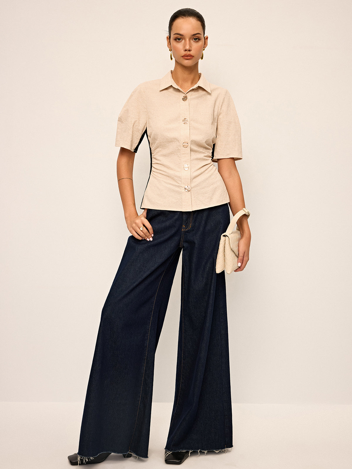 Cotton & Linen Contrast Trim Ruched Shirt-Chicvia