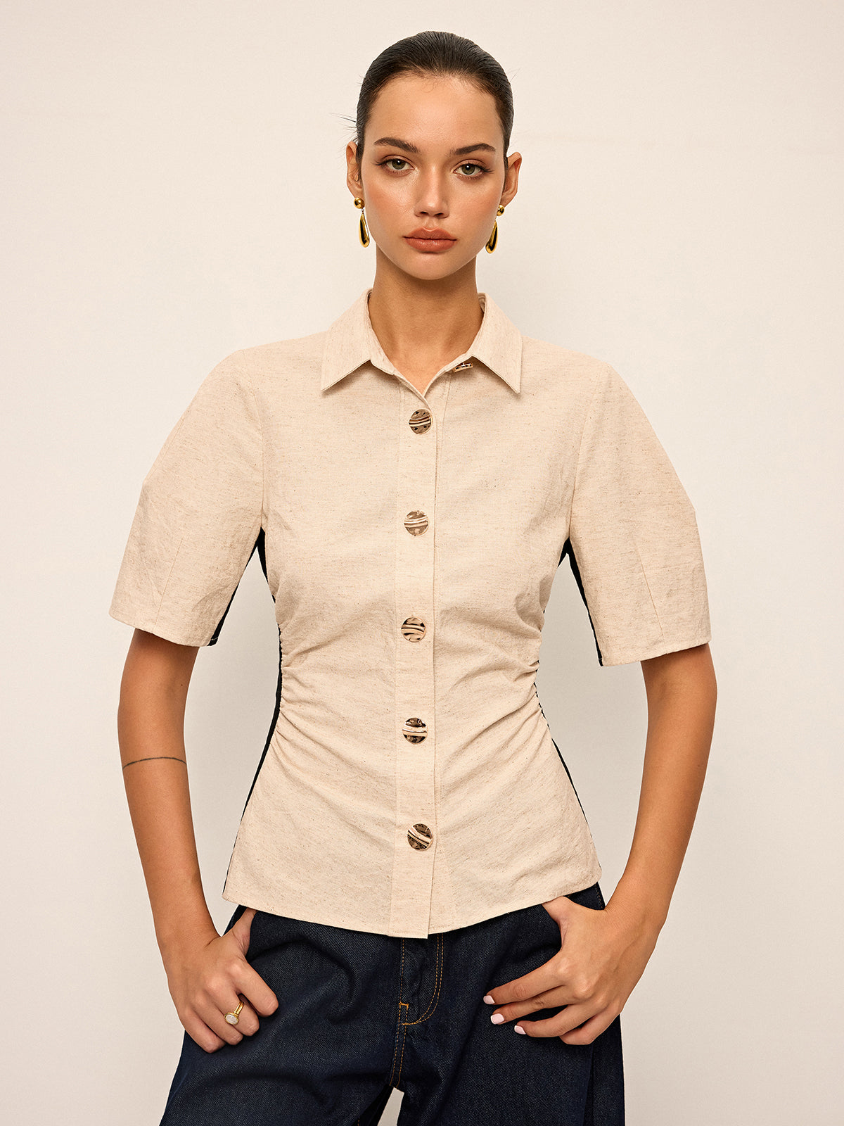 Cotton & Linen Contrast Trim Ruched Shirt-Chicvia