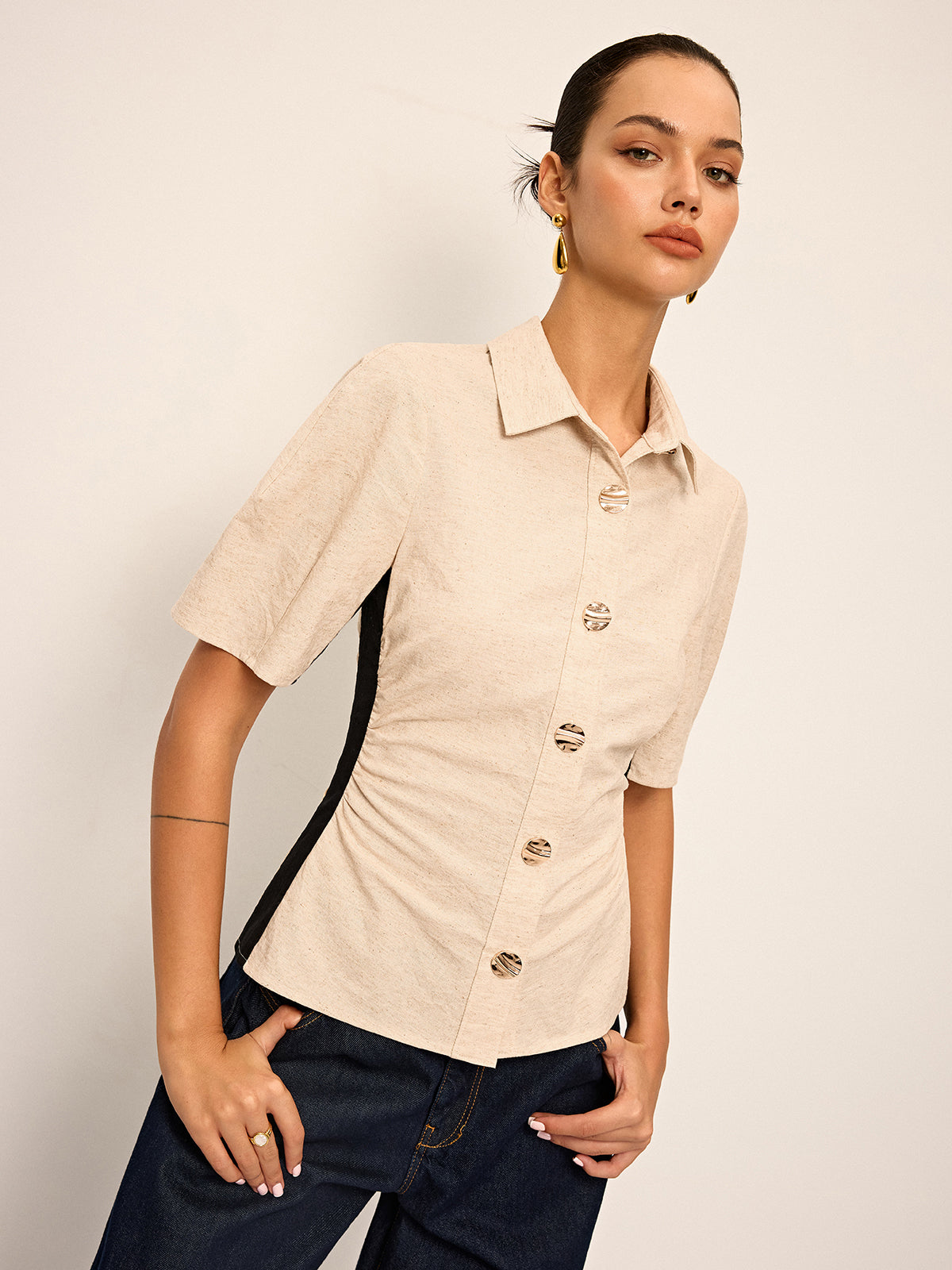 Cotton & Linen Contrast Trim Ruched Shirt-Chicvia
