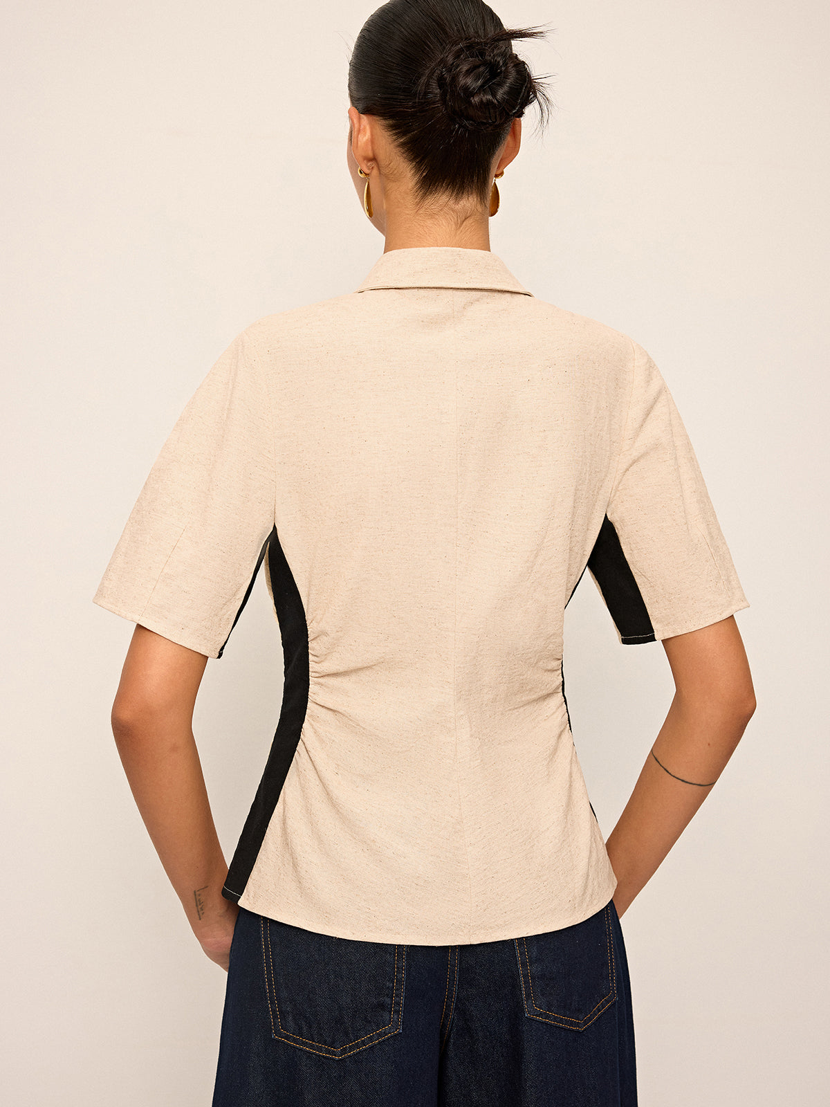 Cotton & Linen Contrast Trim Ruched Shirt-Chicvia