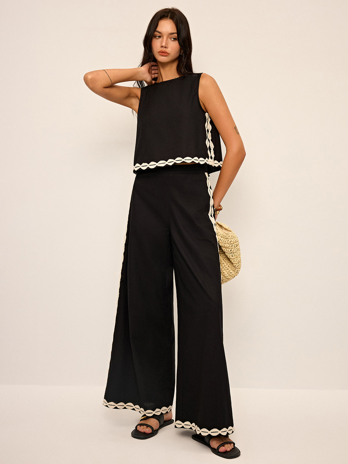 Cotton & Linen Contrast Trim Pants Set-Chicvia
