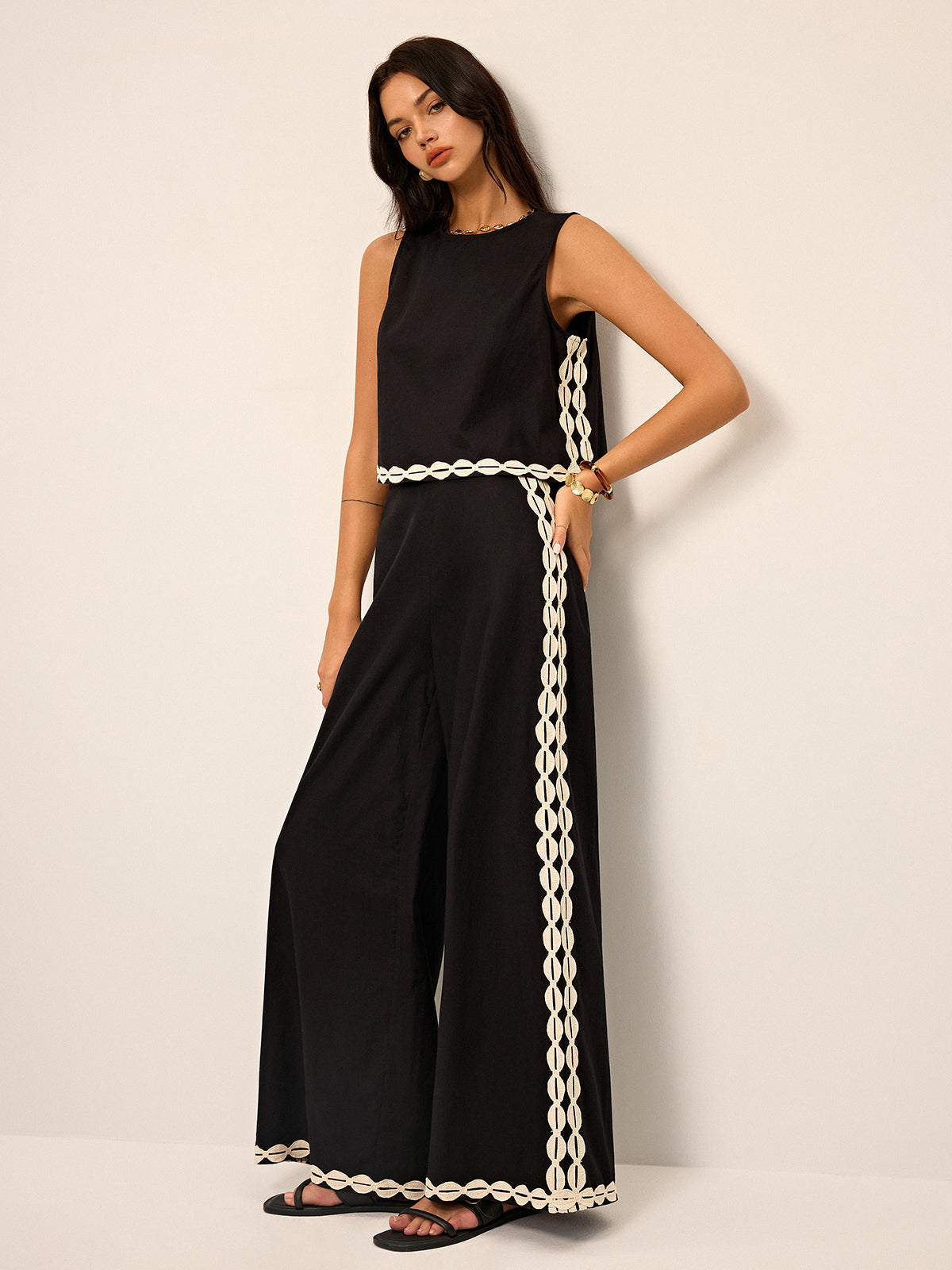 Cotton & Linen Contrast Trim Pants Set-Chicvia