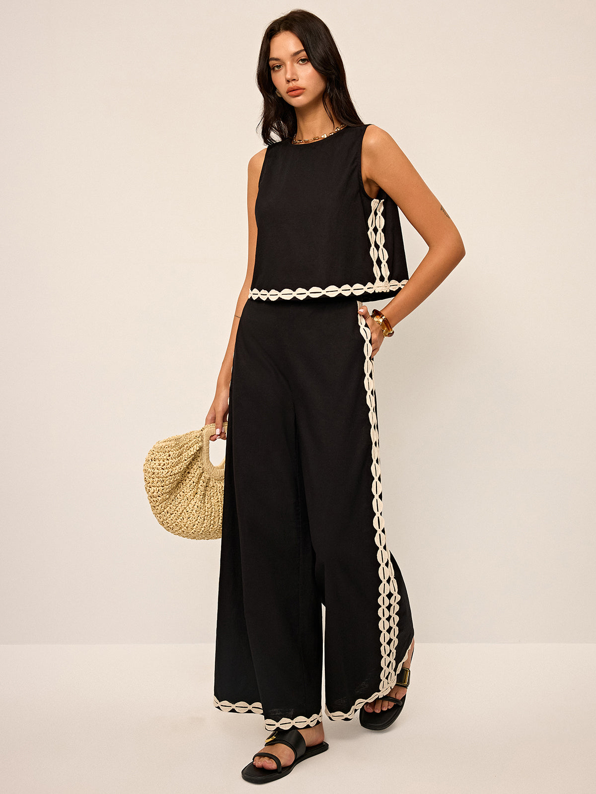 Cotton & Linen Contrast Trim Pants Set-Chicvia
