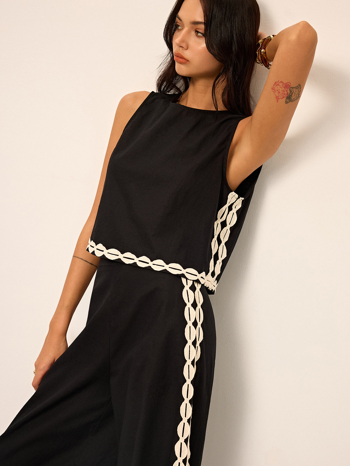 Cotton & Linen Contrast Trim Pants Set-Chicvia