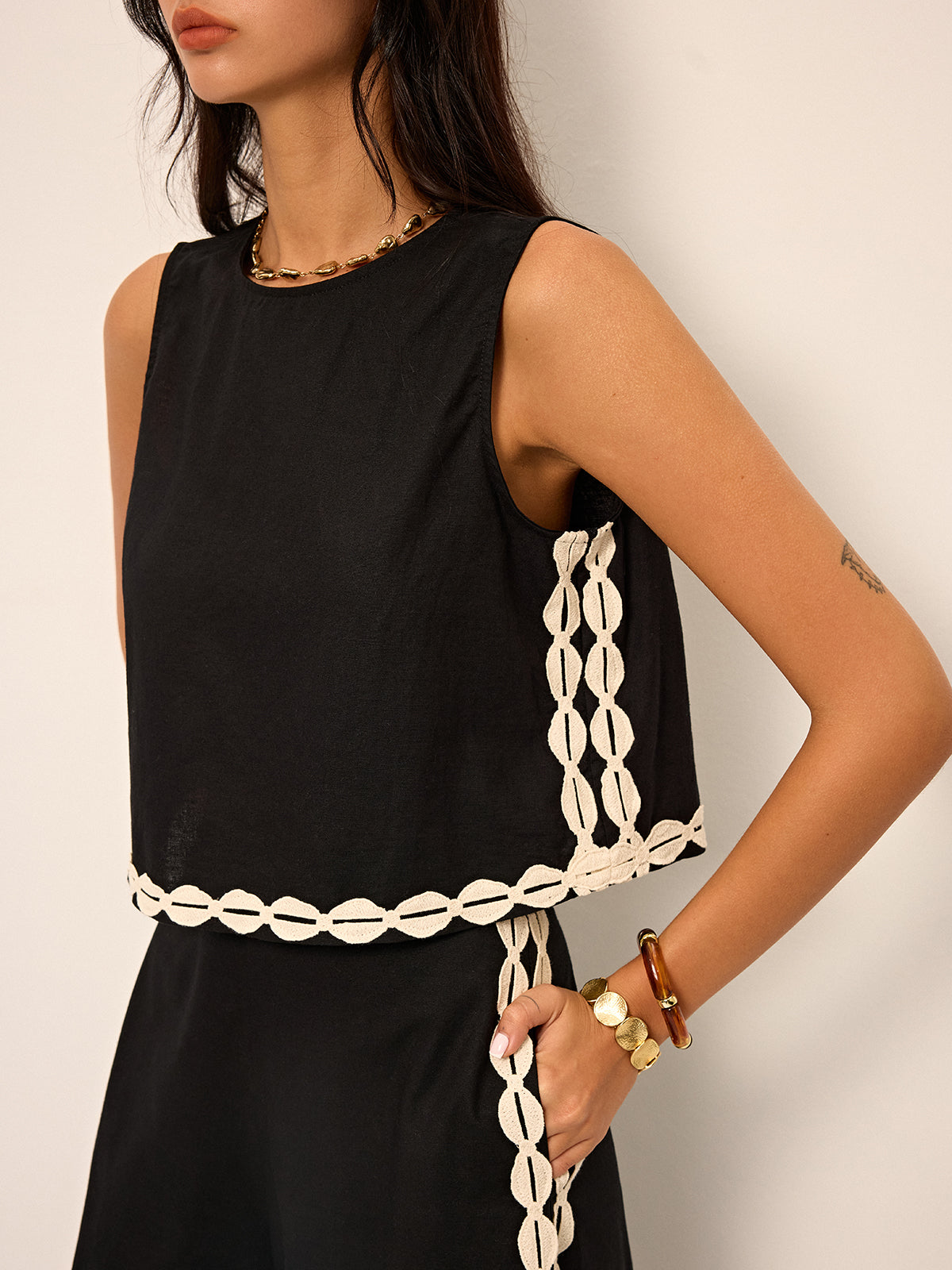 Cotton & Linen Contrast Trim Pants Set-Chicvia