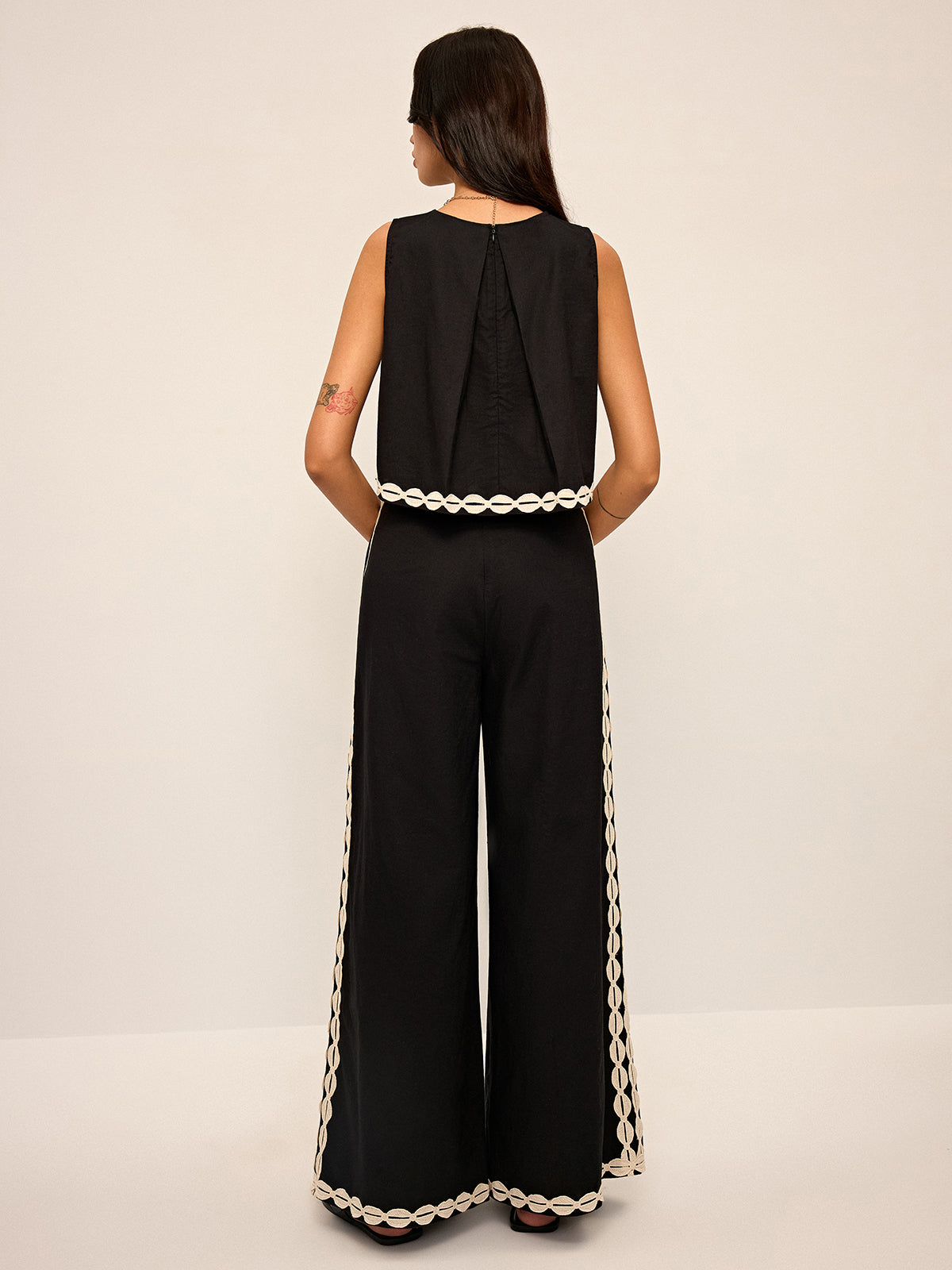 Cotton & Linen Contrast Trim Pants Set-Chicvia