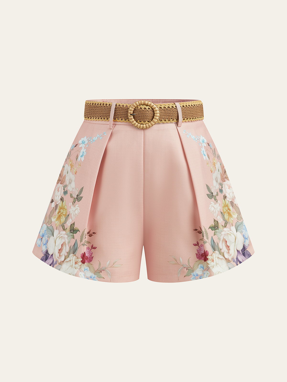 Floral Printed Belted Mid-Waist Shorts-Chicvia