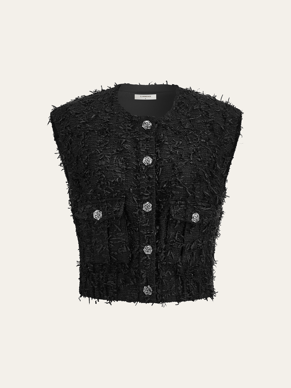 Fringed Tweed Button Sleeveless Vest-Chicvia
