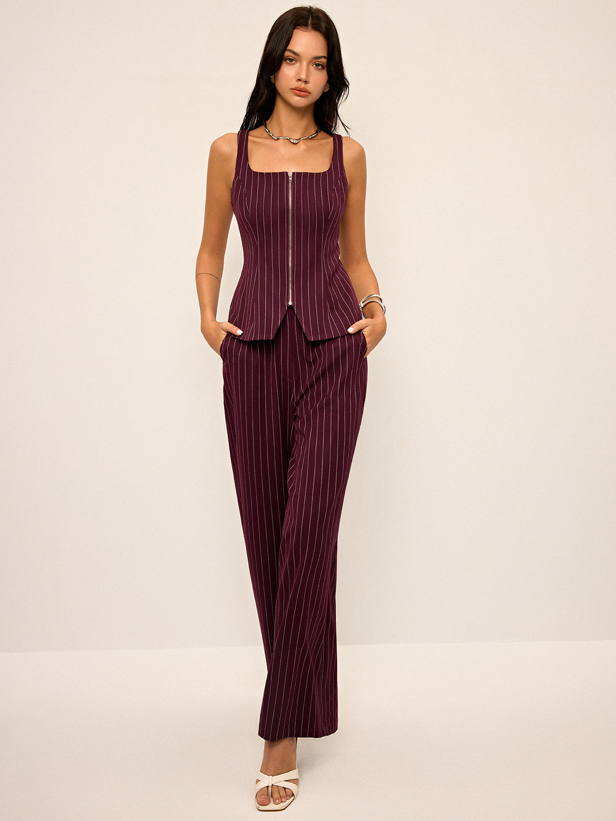 Pinstripe Zipper Vest with Slit-Chicvia