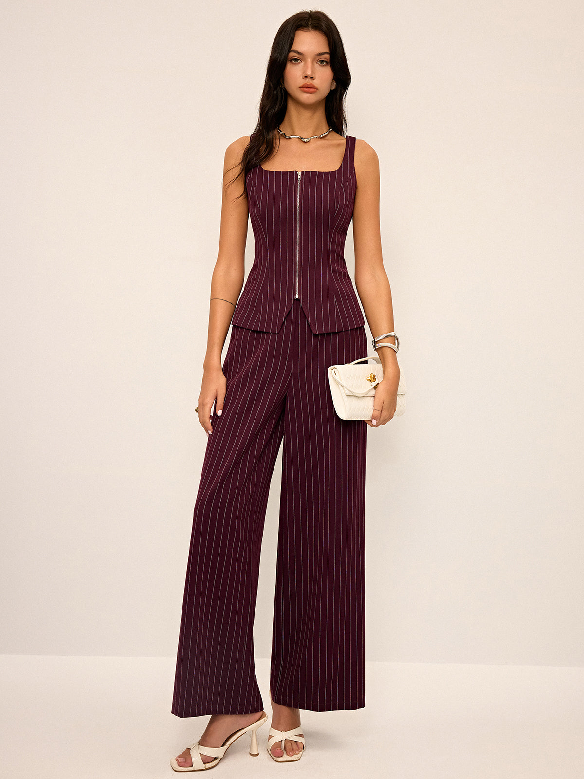 Pinstripe Wide-Leg Straight Pants-Chicvia