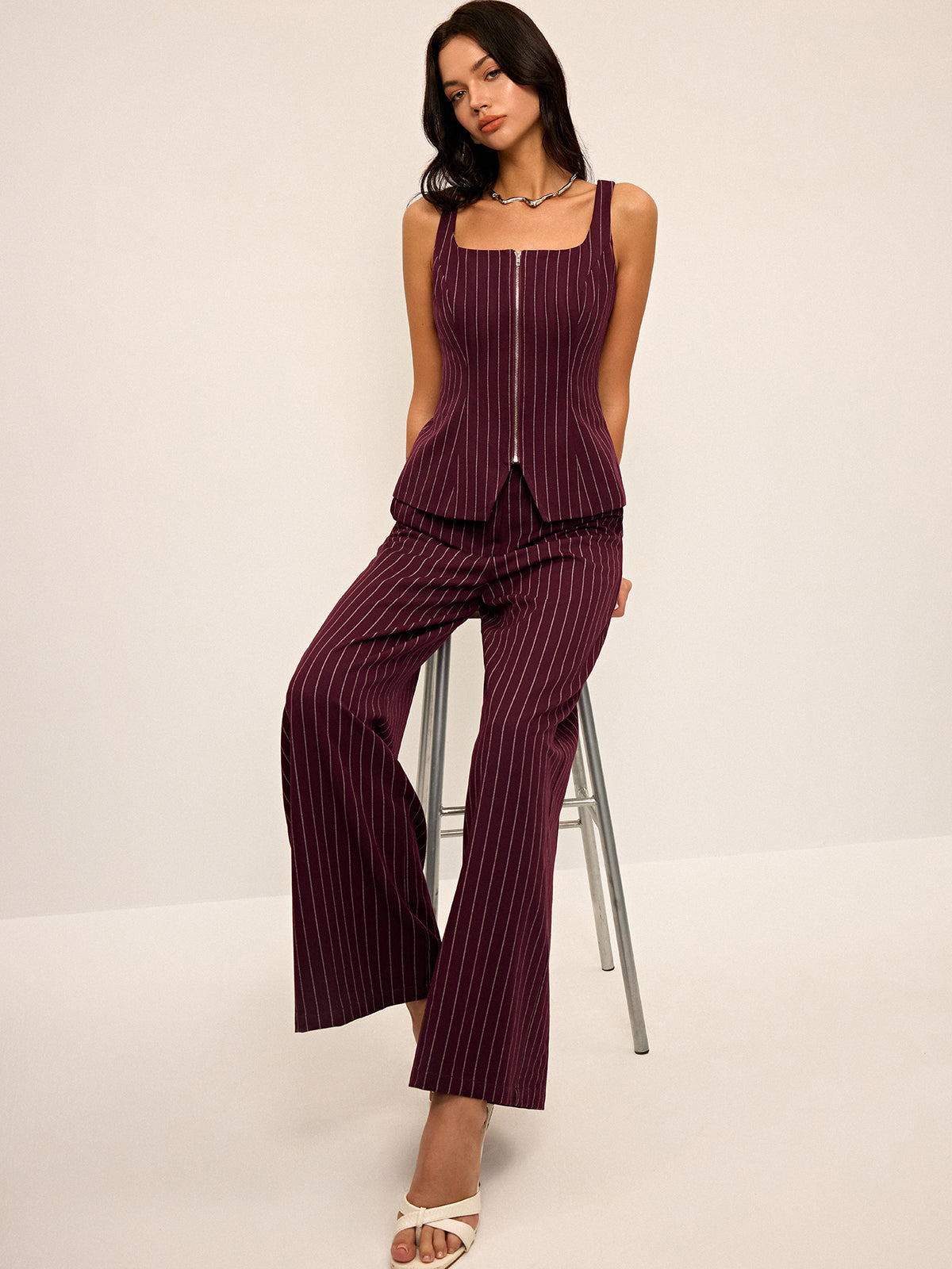 Pinstripe Zipper Vest with Slit-Chicvia