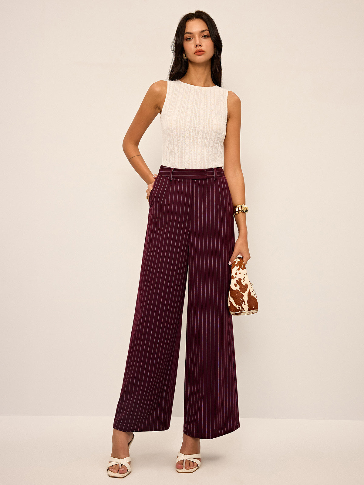 Pinstripe Wide-Leg Straight Pants-Chicvia