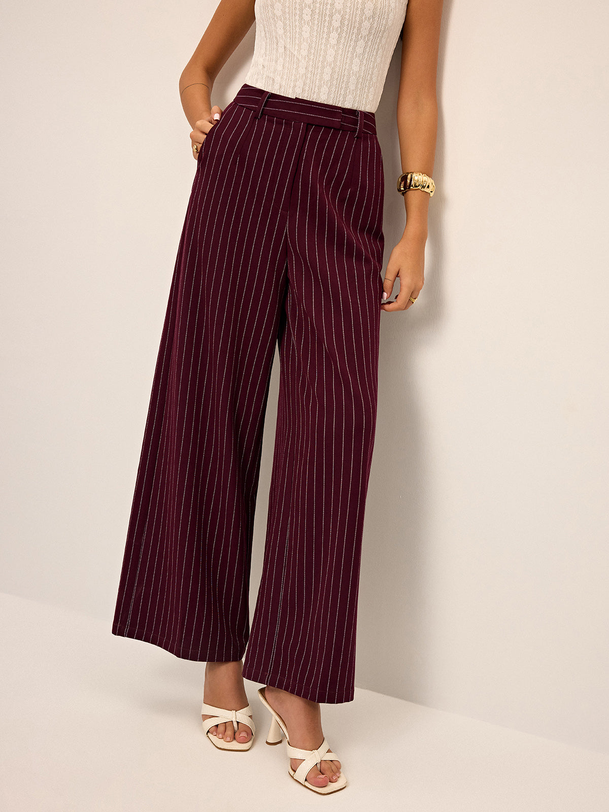 Pinstripe Wide-Leg Straight Pants-Chicvia