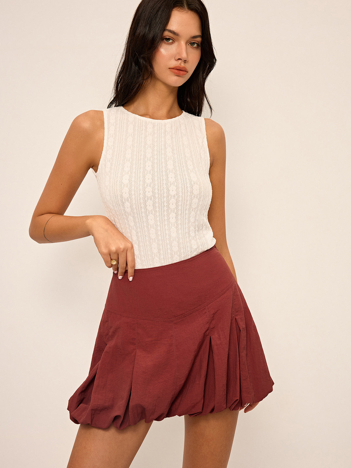 Mid-Waisted Pleated Bubble Hem Mini Skirt-Chicvia