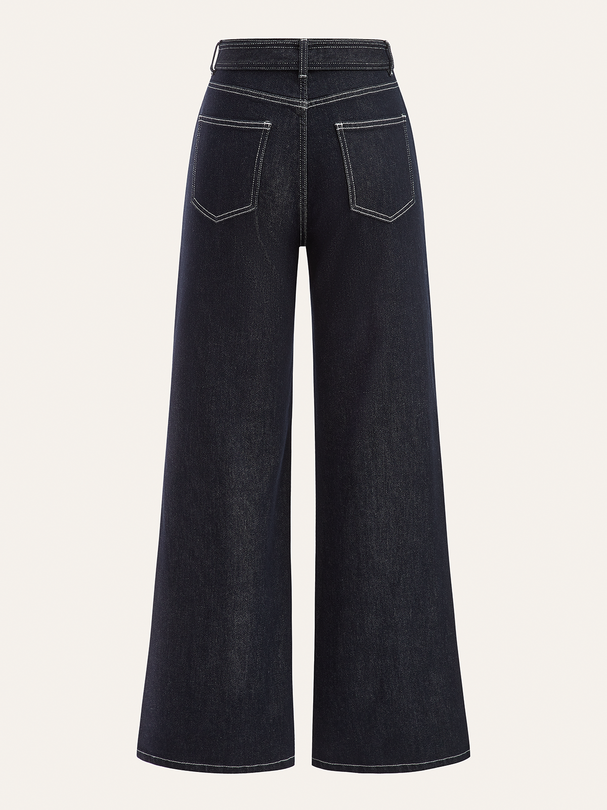 Denim Contrast-Stitch Pants with Belt-Chicvia