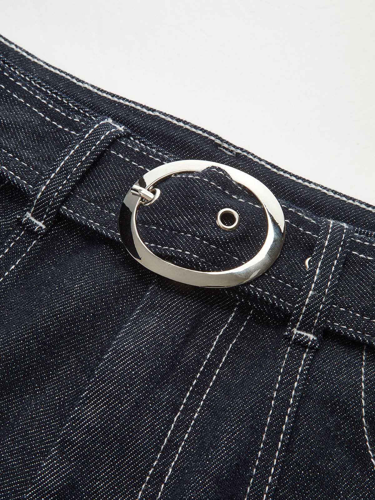 Denim Contrast-Stitch Pants with Belt-Chicvia