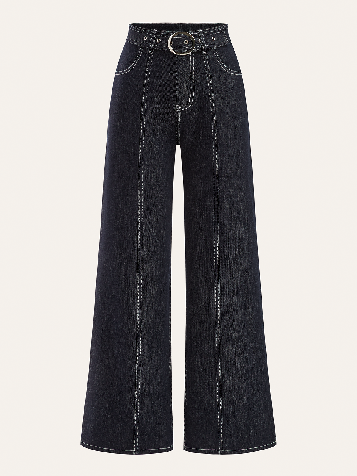 Denim Contrast-Stitch Pants with Belt-Chicvia