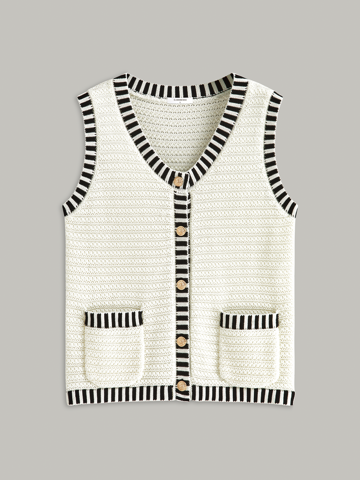 Button Striped Trim Knit Vest-Chicvia