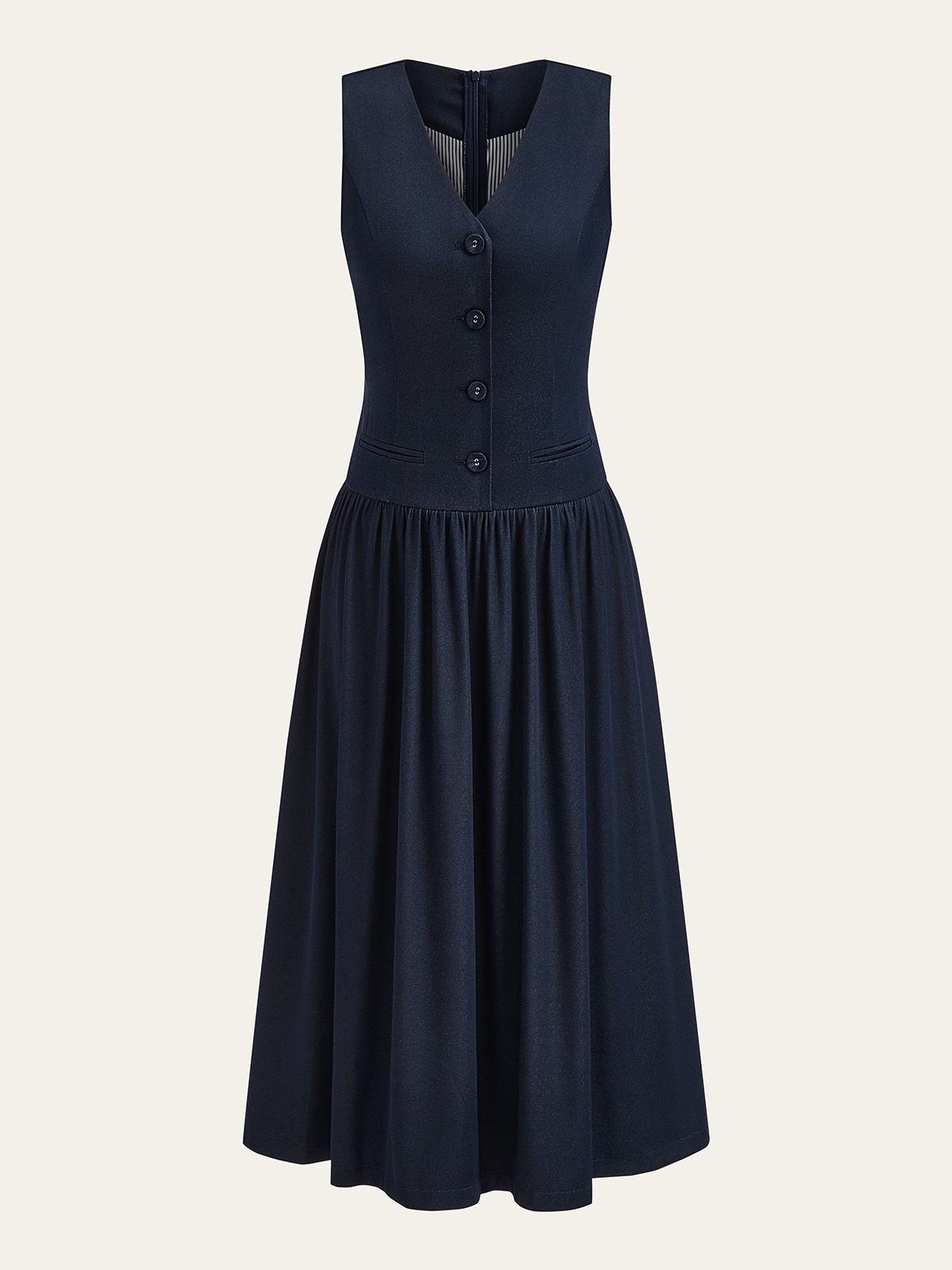 Denim V-Neck Ruched Midi Dress-Chicvia
