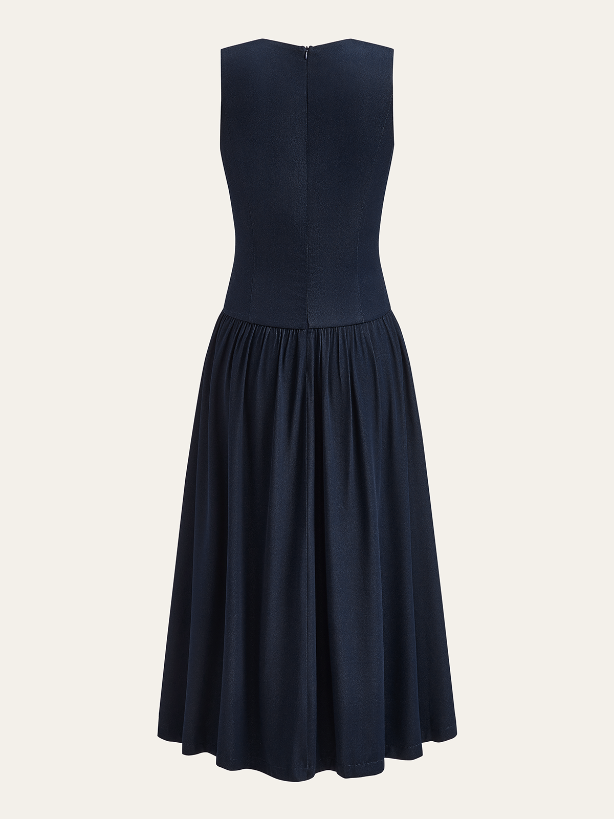 Denim V-Neck Ruched Midi Dress-Chicvia