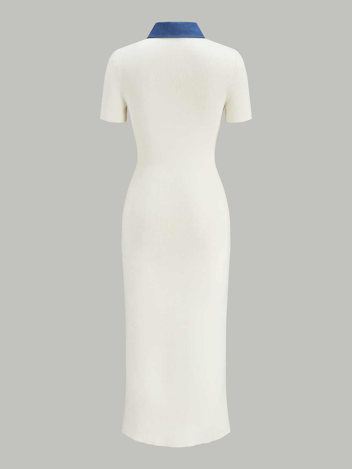 Denim-Collar Buttoned Polo Knit Midi Dress-Chicvia