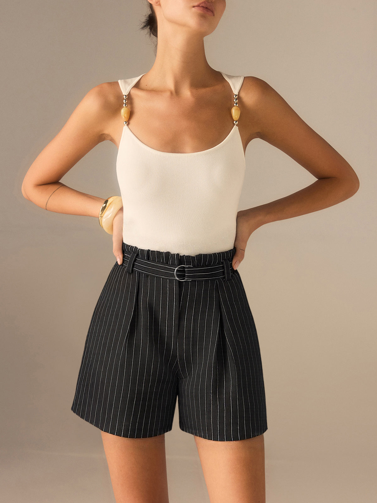 Belted Striped Shorts-Chicvia