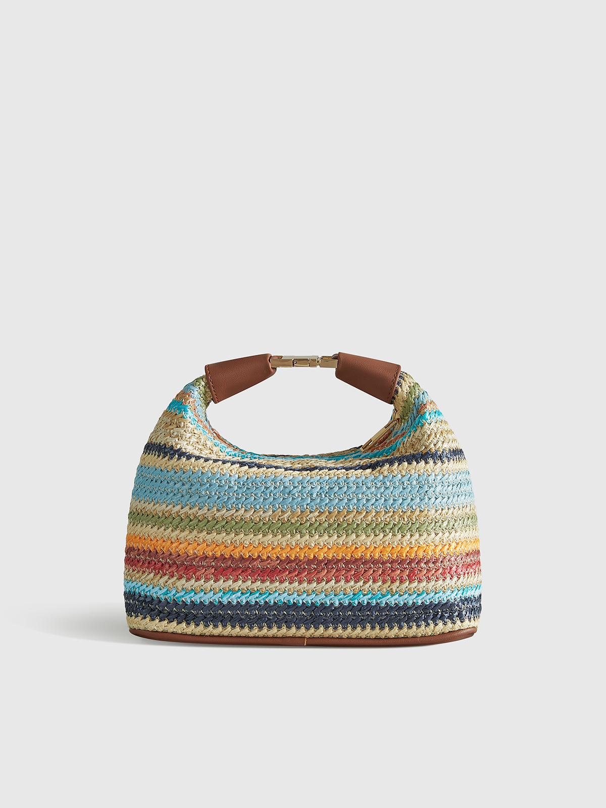 Color-Block Striped Straw Handbag with Leather Strap-Chicvia