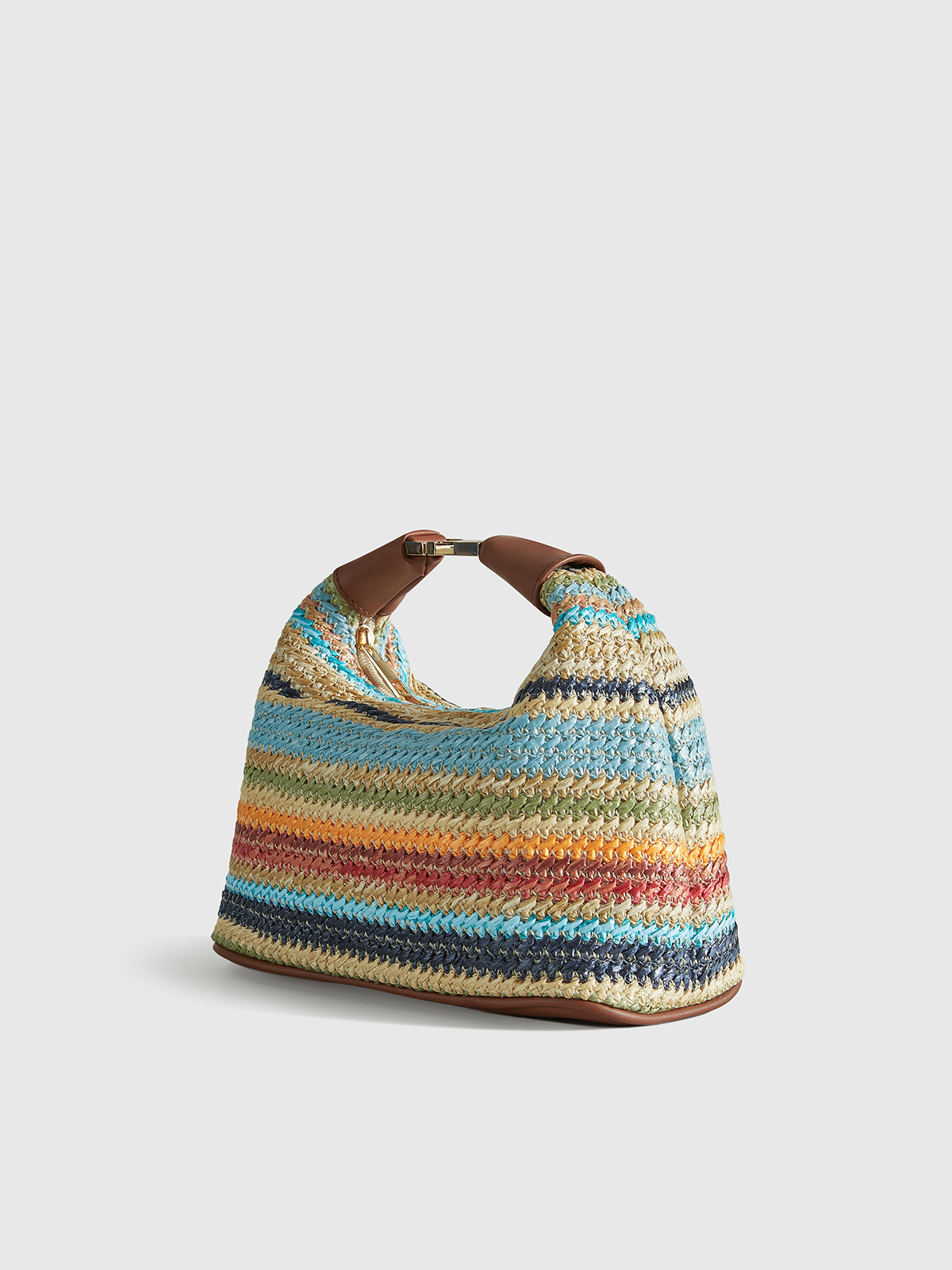 Color-Block Striped Straw Handbag with Leather Strap-Chicvia