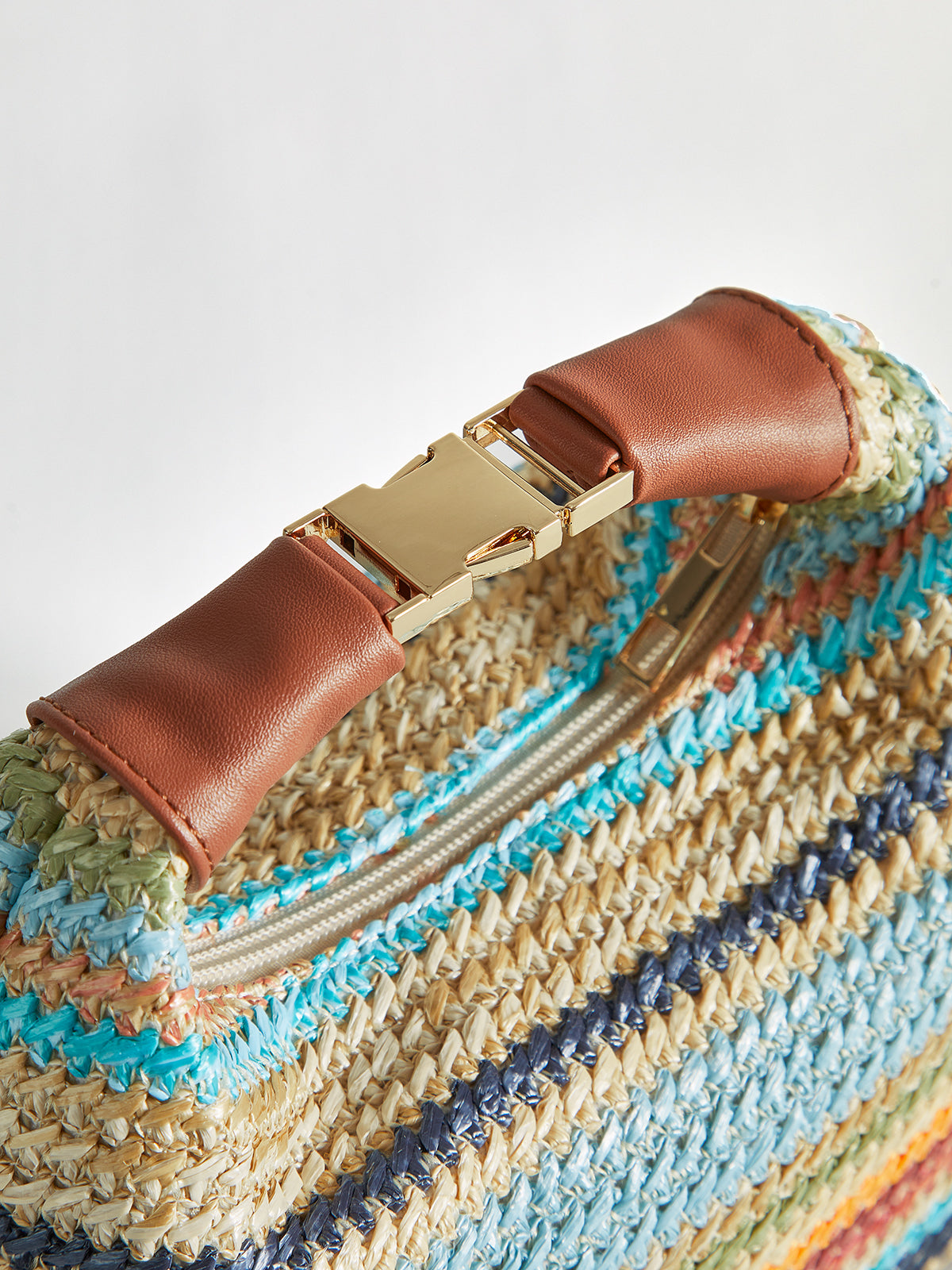 Color-Block Striped Straw Handbag with Leather Strap-Chicvia