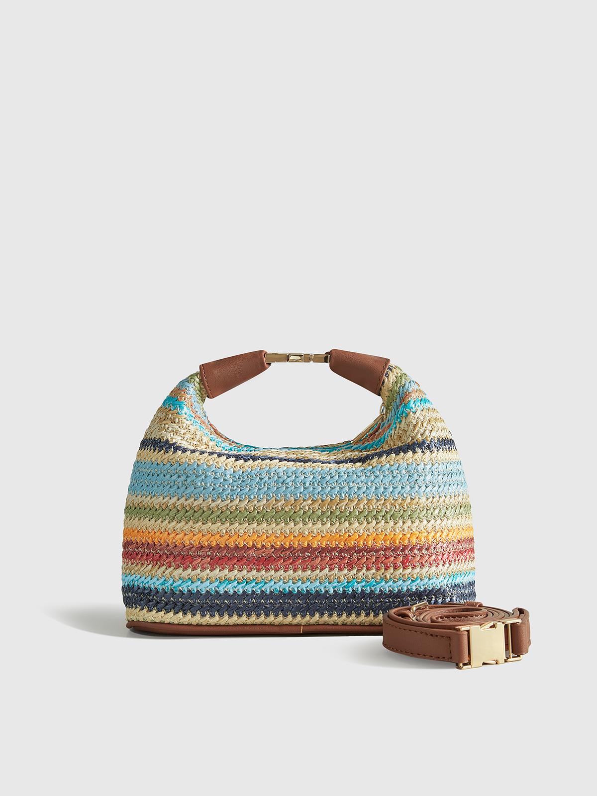 Color-Block Striped Straw Handbag with Leather Strap-Chicvia