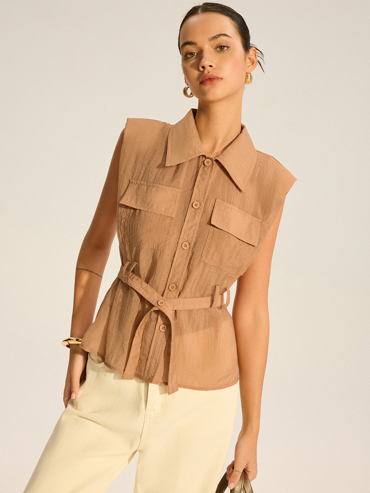 Belted Sleeveless Blouse-Chicvia