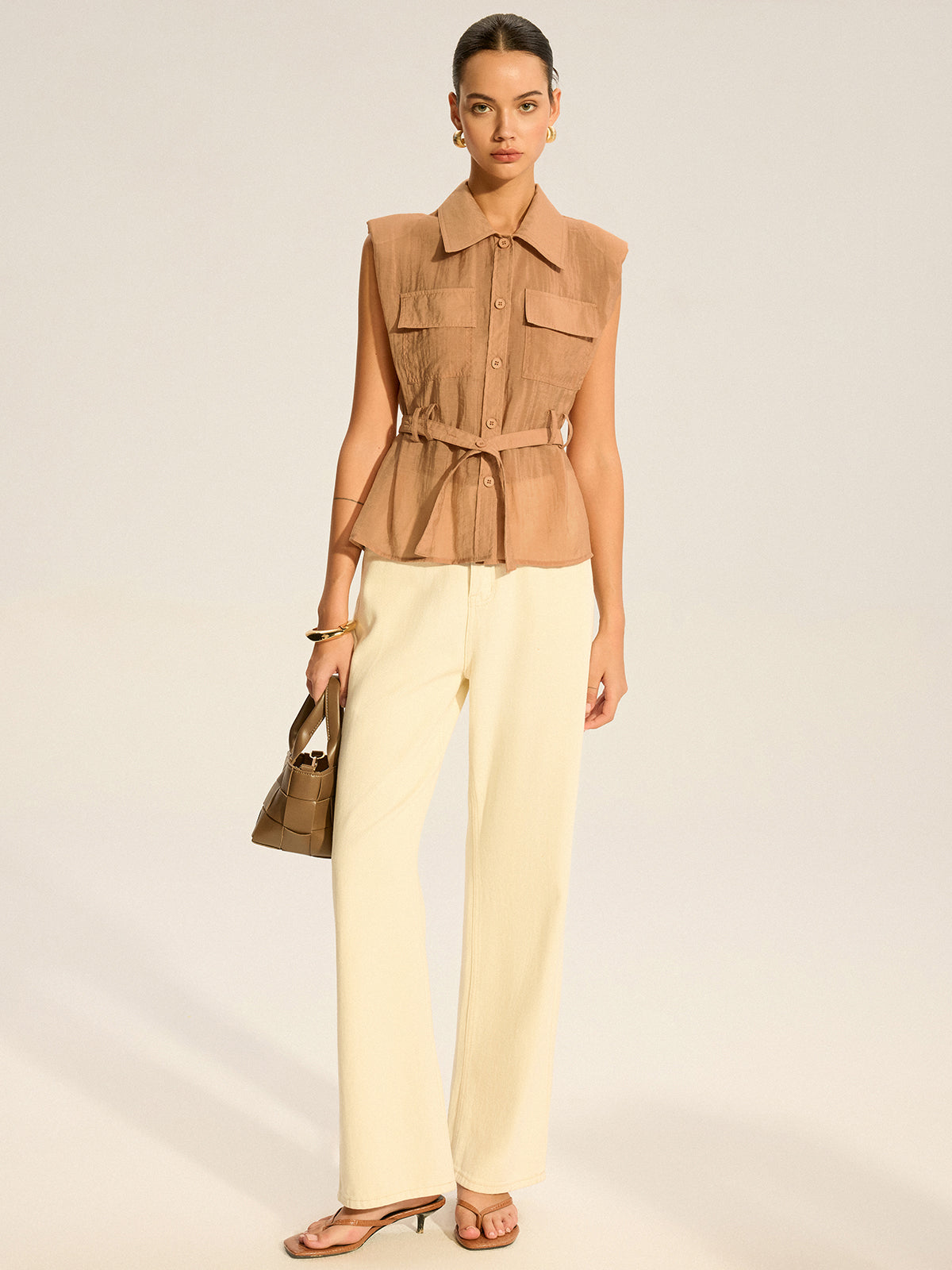 Belted Sleeveless Blouse-Chicvia