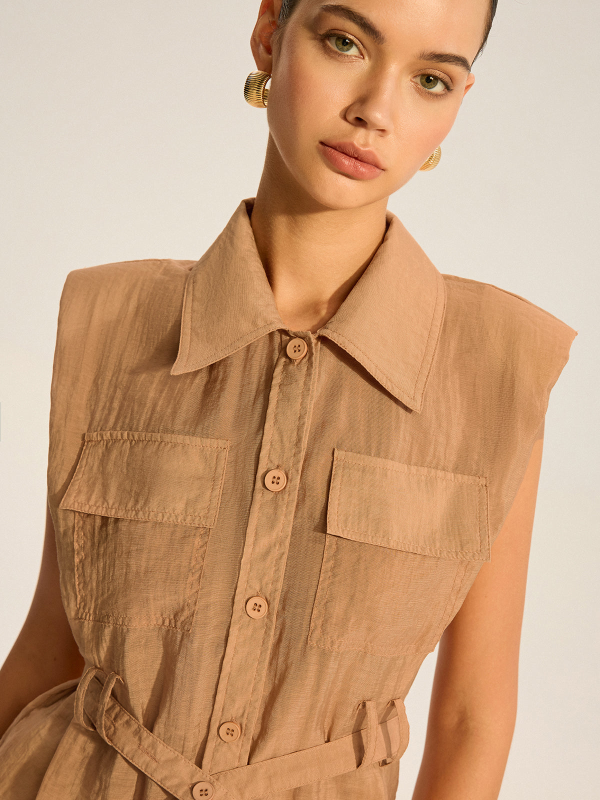 Belted Sleeveless Blouse-Chicvia