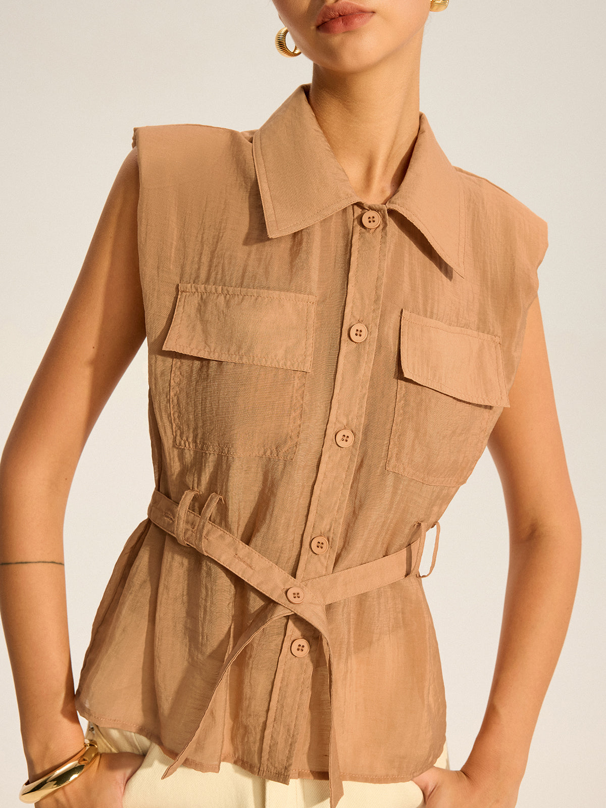 Belted Sleeveless Blouse-Chicvia