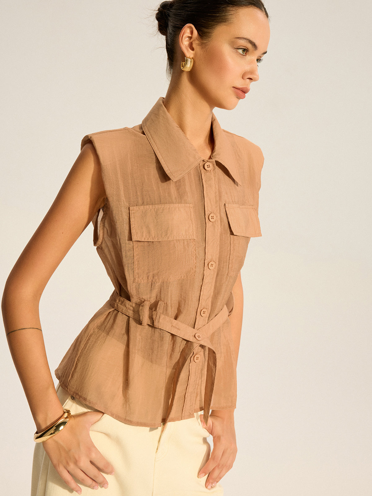 Belted Sleeveless Blouse-Chicvia