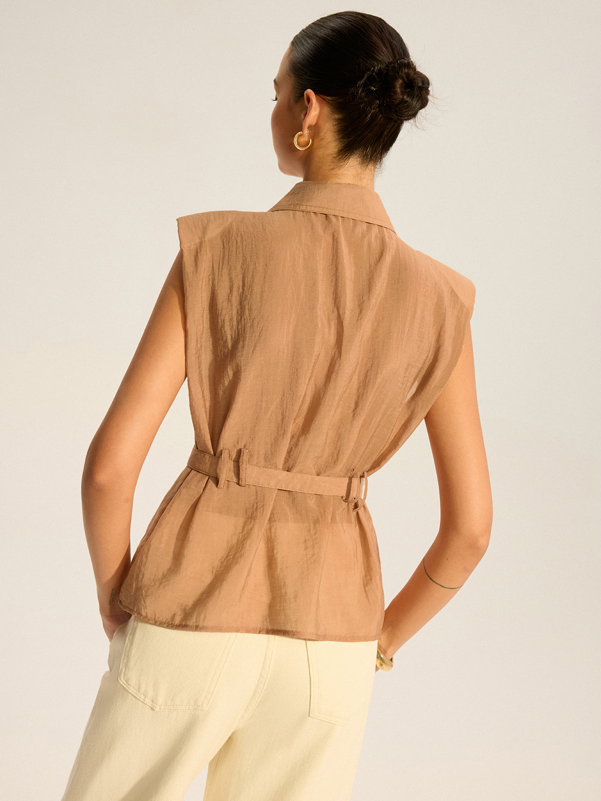 Belted Sleeveless Blouse-Chicvia