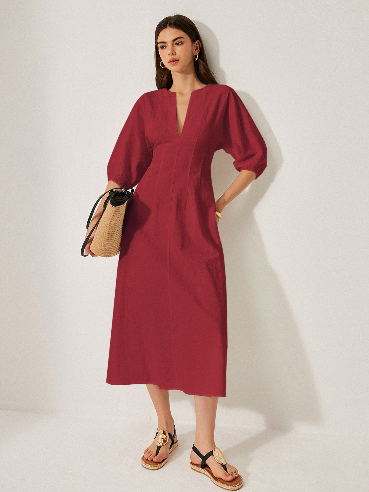 Cotton & Linen Puff Sleeve Dress Without Belt-Chicvia