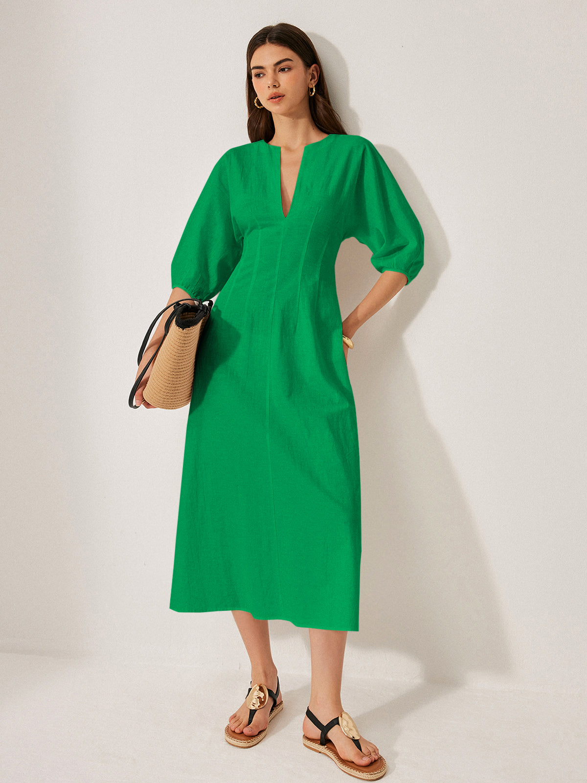 Cotton & Linen Puff Sleeve Dress Without Belt-Chicvia