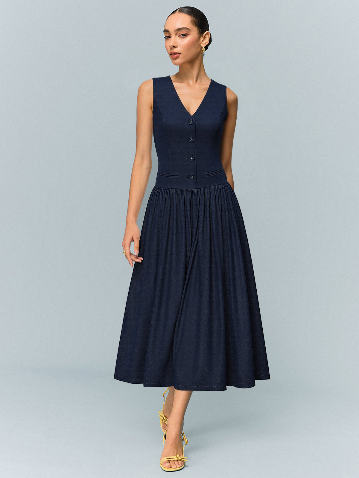 Denim V-Neck Ruched Midi Dress-Chicvia