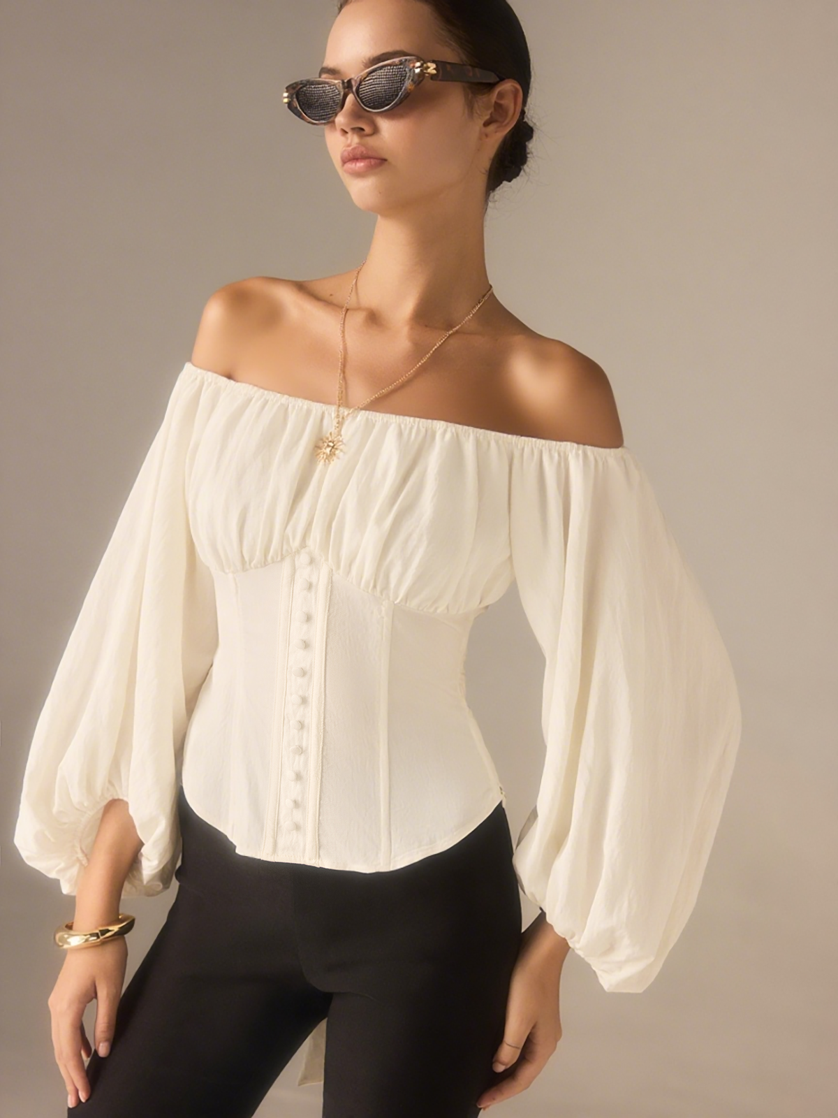 Off-Shoulder Lantern-Sleeve Top with Bow Back-Chicvia