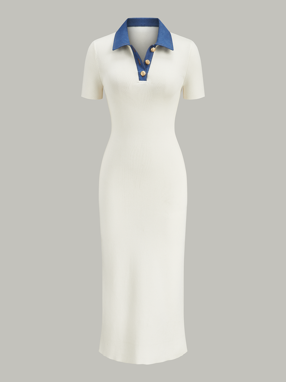 Denim-Collar Buttoned Polo Knit Midi Dress-Chicvia