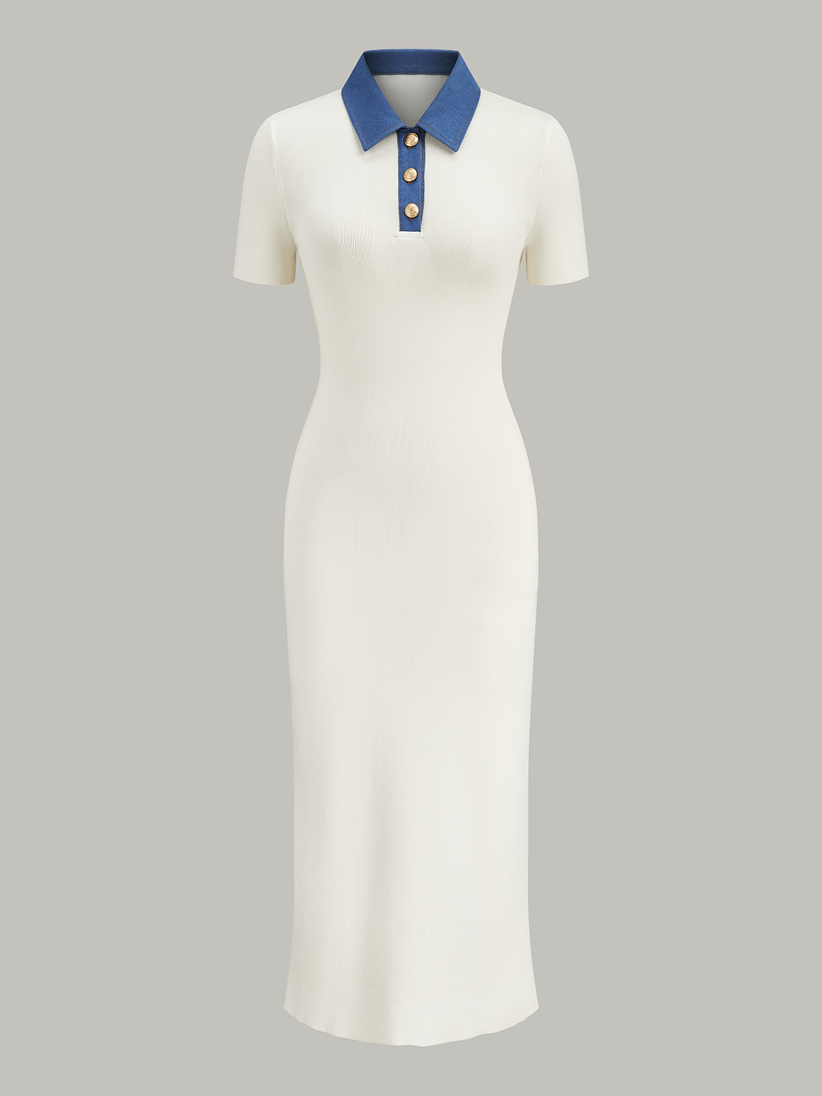Denim-Collar Buttoned Polo Knit Midi Dress-Chicvia