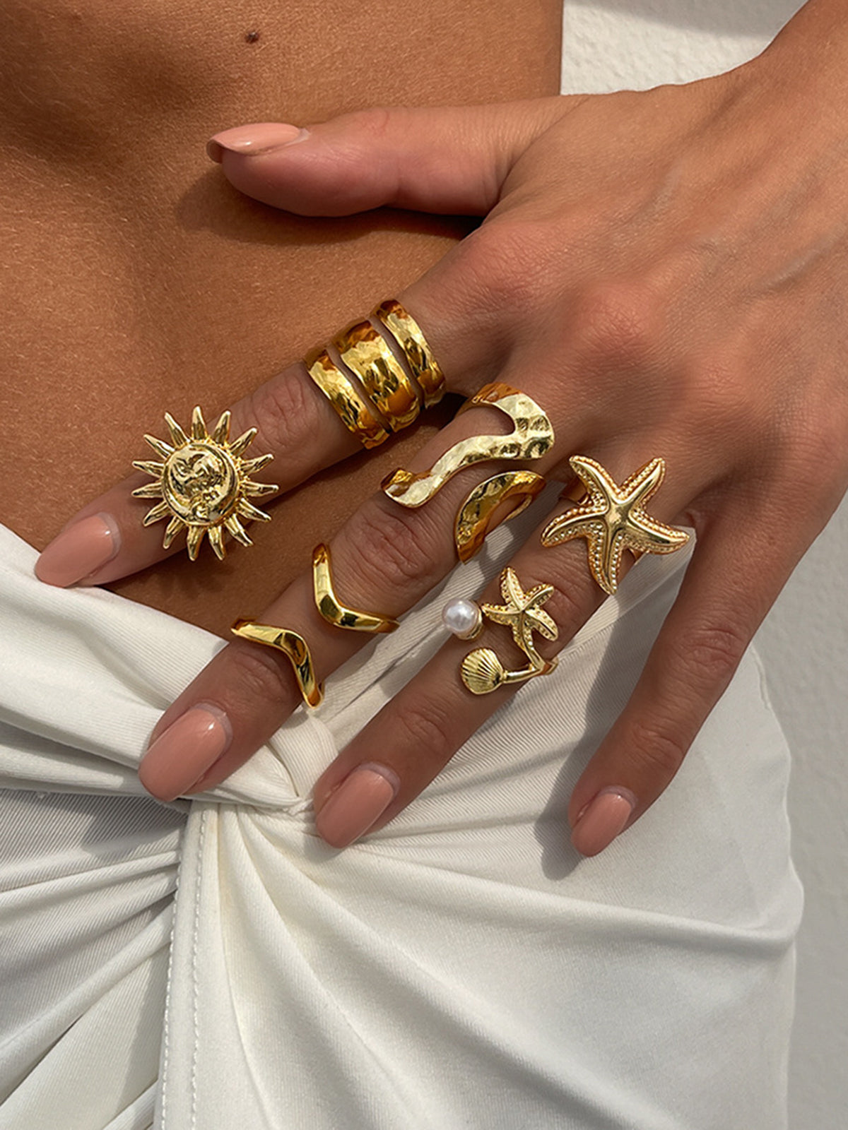 Gold-Tone Irregular Sea-Inspired Ring Set-Chicvia