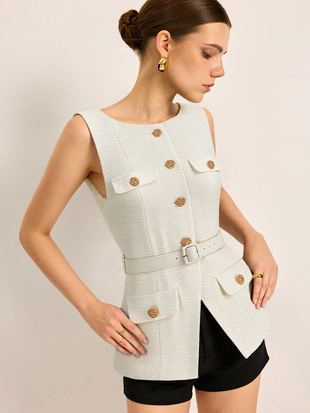 Belted Metal Button Sleeveless Vest-Chicvia