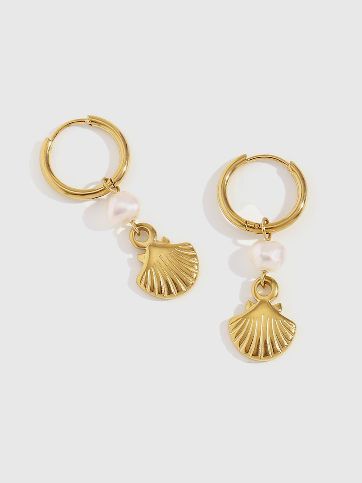 Gold-Plated Hoop Earrings with Pearl and Shell Charms-Chicvia