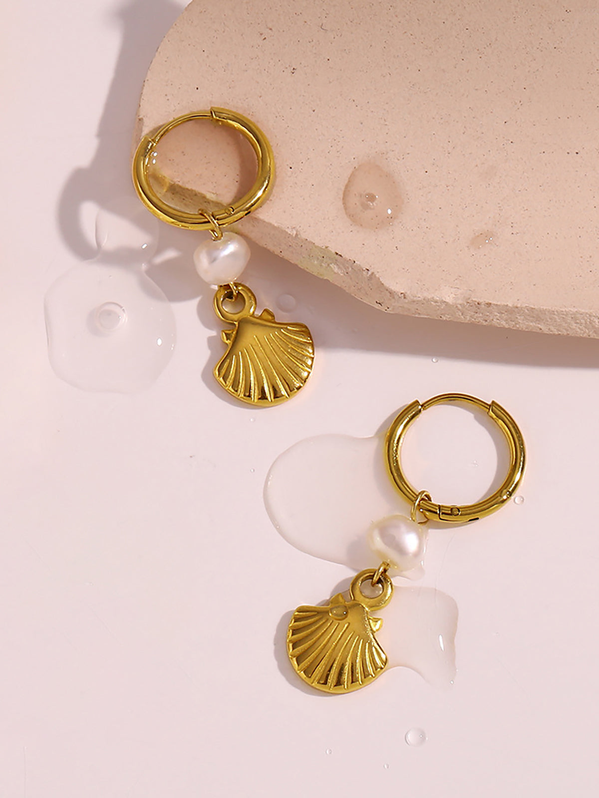 Gold-Plated Hoop Earrings with Pearl and Shell Charms-Chicvia