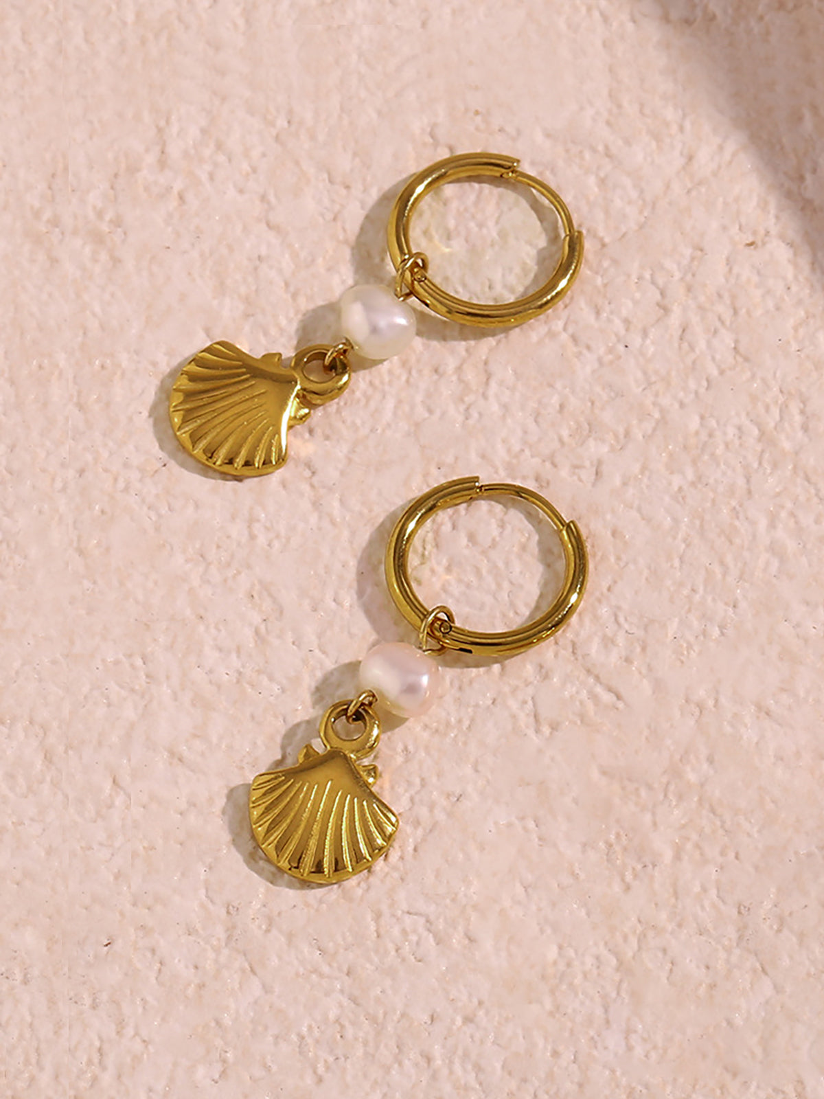 Gold-Plated Hoop Earrings with Pearl and Shell Charms-Chicvia