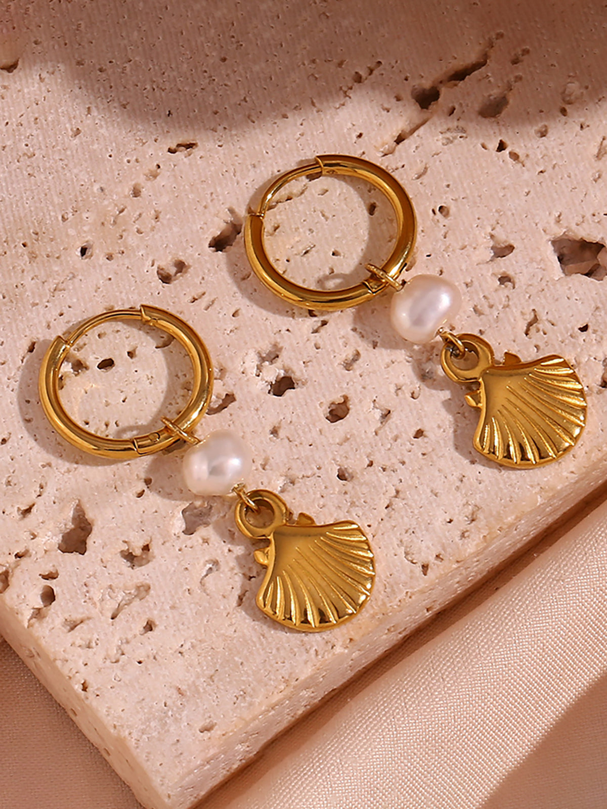 Gold-Plated Hoop Earrings with Pearl and Shell Charms-Chicvia