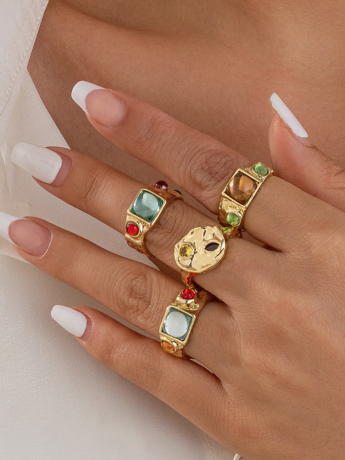 Luxury Multicolor Gemstone Gold Rings Set-Chicvia